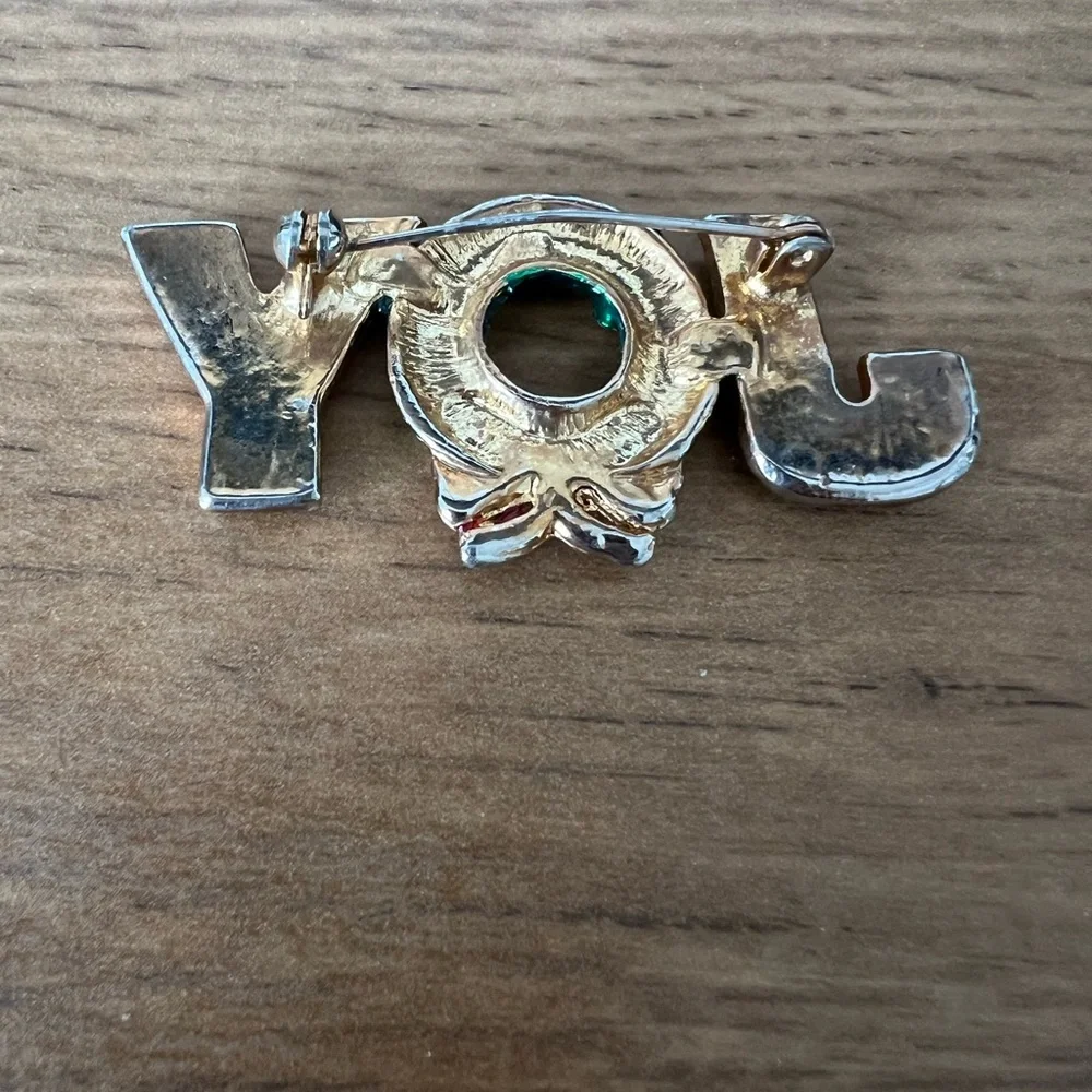 Vintage Festive JOY Brooch‎ with Wreath and Bow